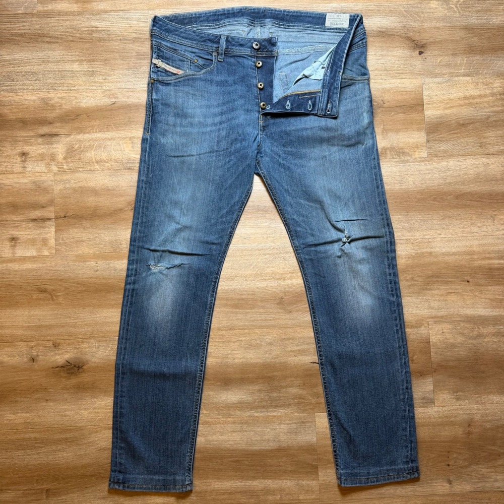 Diesel Belther Jeans Men 36x30 Blue Slim Tapered Stretch Distressed Denim 0814W